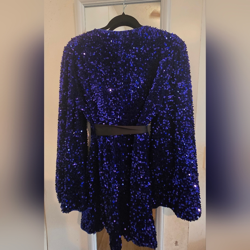 Blue Sequin Wrap Romper with Black Belt - Picture 2 of 2